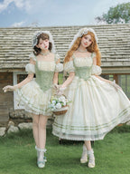 Beige and Green Boned Corset Waist Short JSK Dress Set - image 7