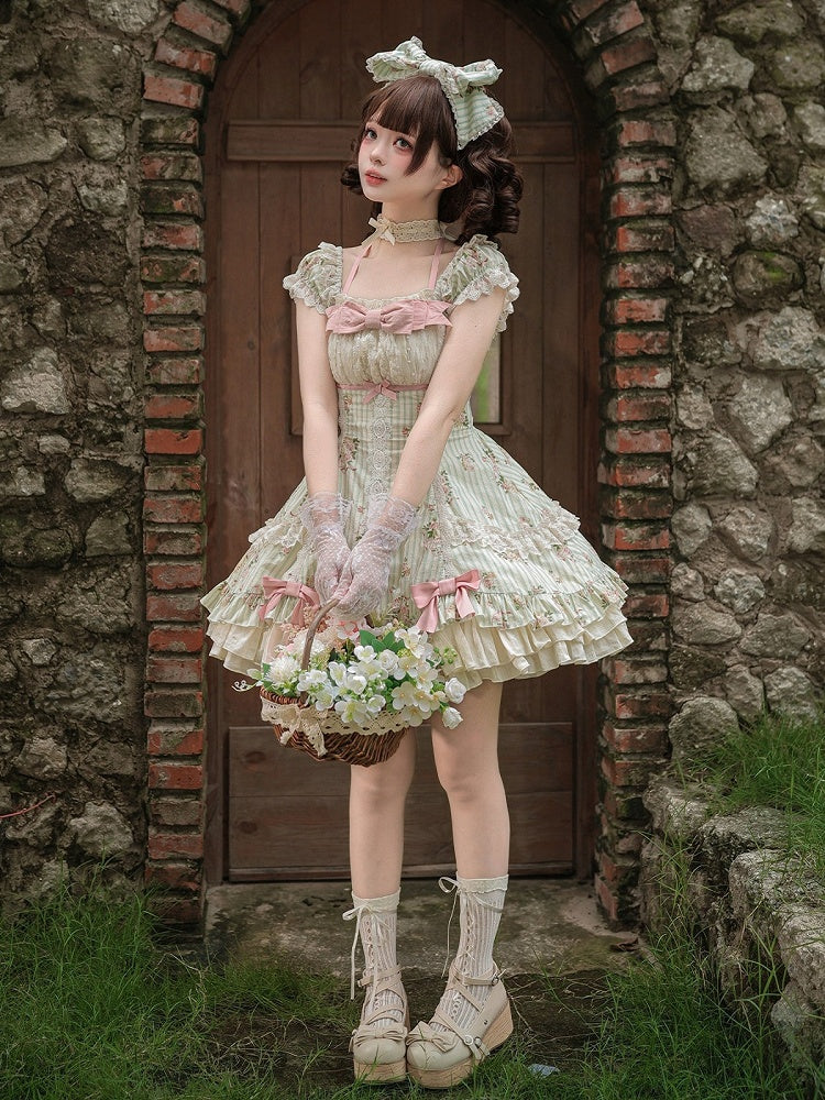Green Floral Striped Lolita OP Set with Hair Clip and Choker - image 5