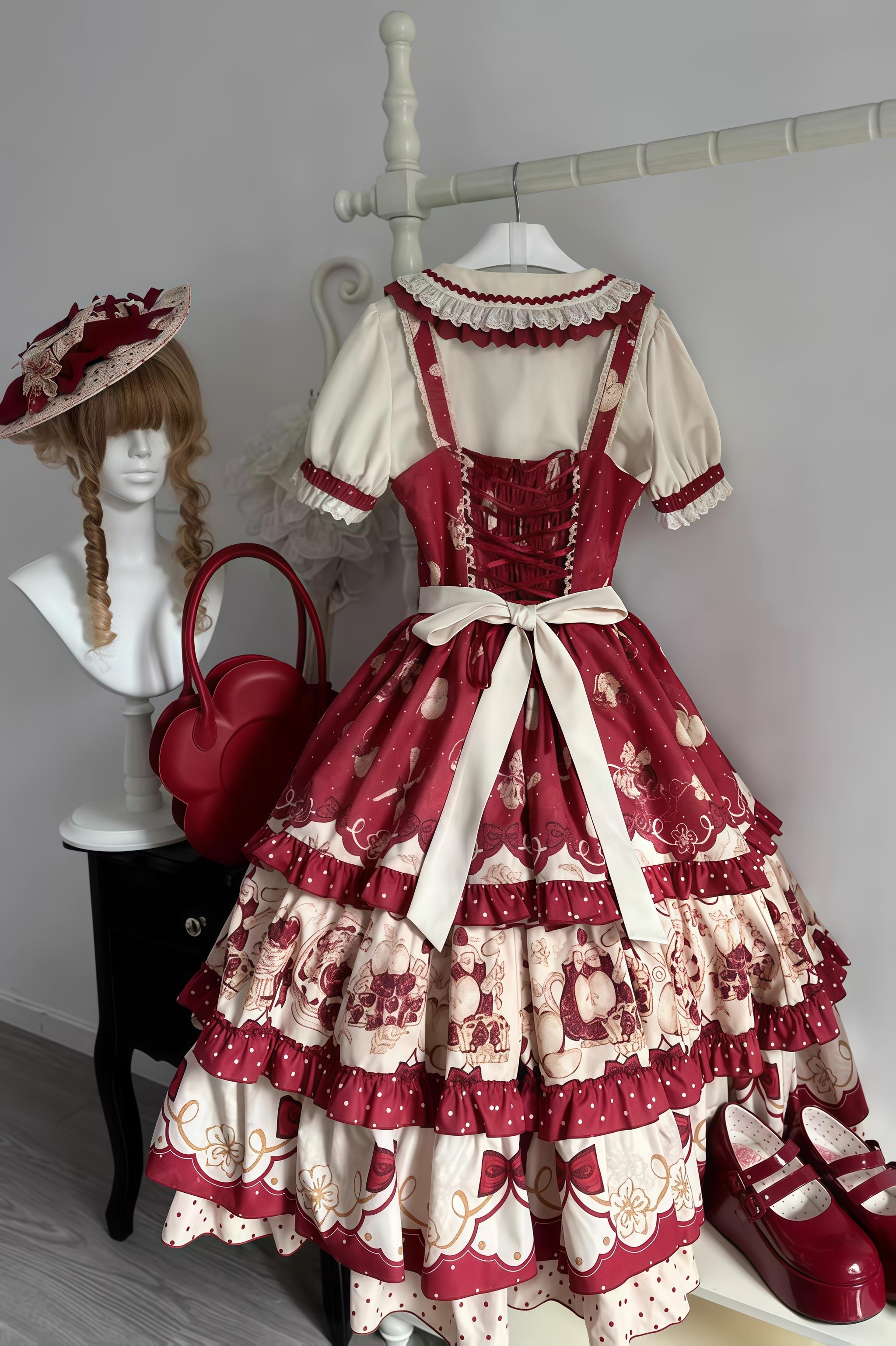 A Red Apple - Sweet Lolita JSK Dress, Tiered Hem Apron and Accessories - image 3