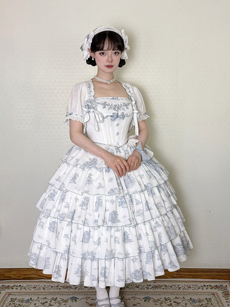Blue and White Floral Print Lolita JSK with Bow Details - image 13