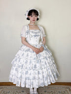 Blue and White Floral Print Lolita JSK with Bow Details - image 13