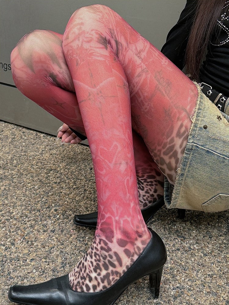Red Star Leopard Print Lace Trim Tights - Kawaii Cute Legwear - image 6