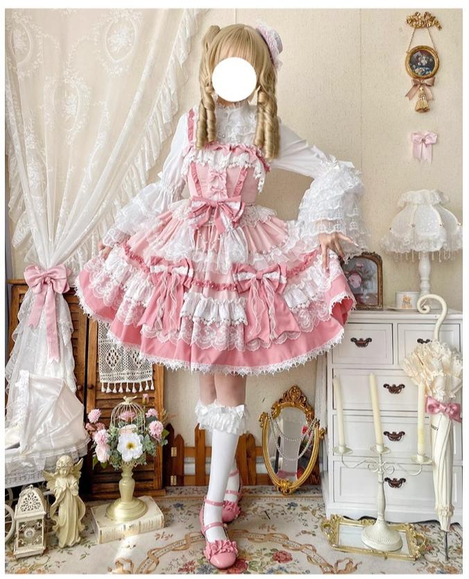 Girl's Secret - Pink Sweet Lolita JSK Dress with Lace and Bow Trailing - image 2