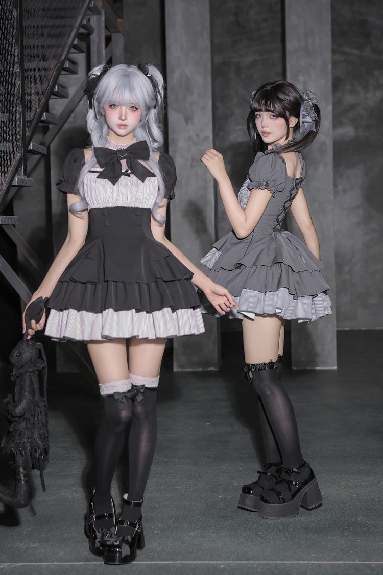 Square Collar Off Shoulder Short Sleeves Triple-Layered Bow Vintage Cool Lolita Dress - image 5