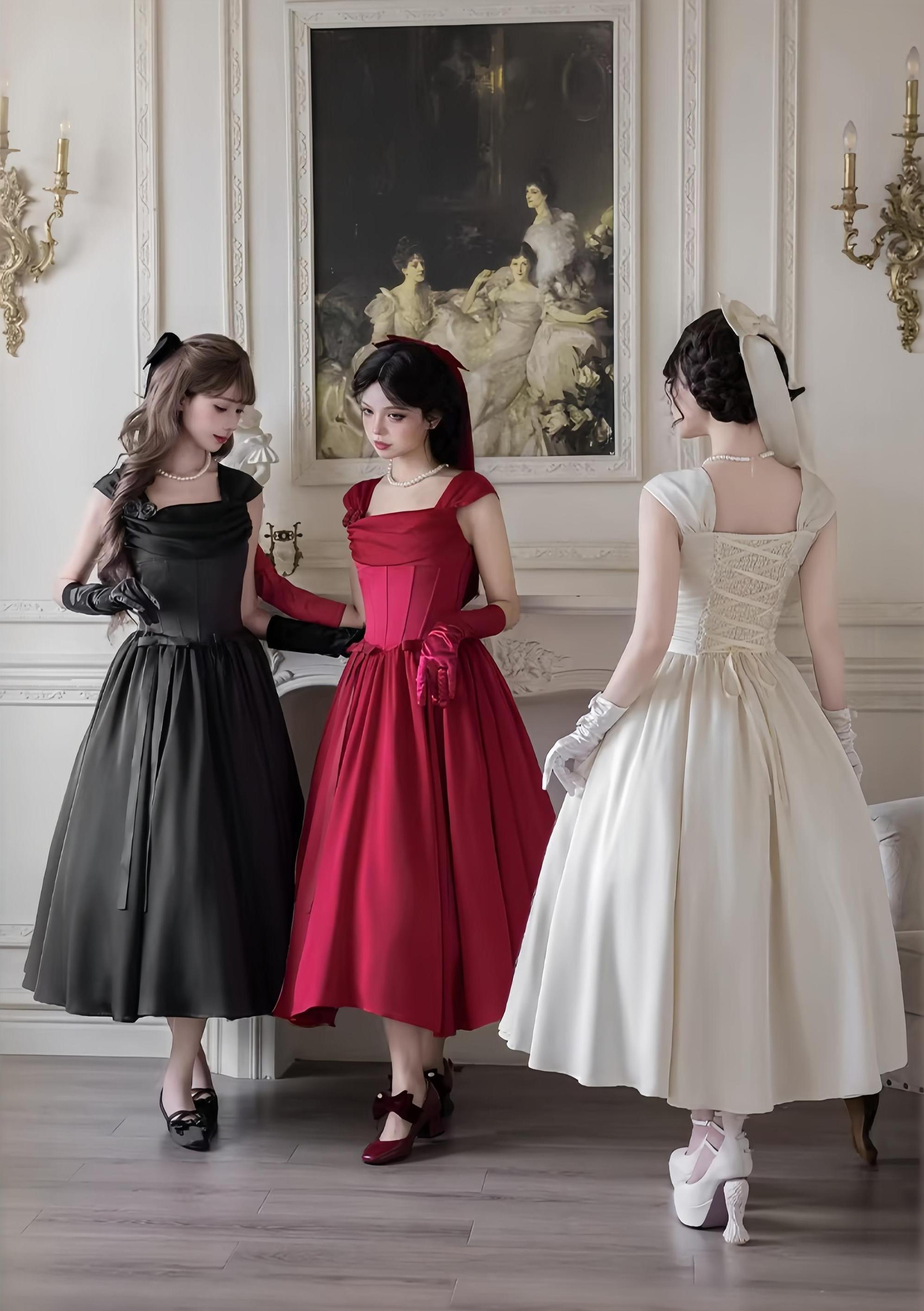 For Beloved - Classic Lolita Satin JSK Dress Set, Fishbone Waist - image 2
