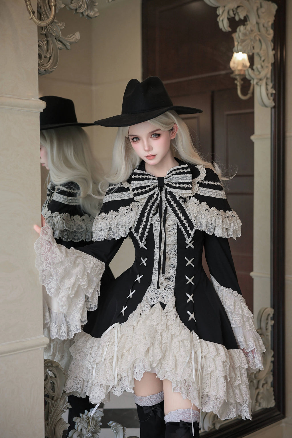 Silver Butterfly Amber - Black Gothic Lolita OP Full Set - image 4