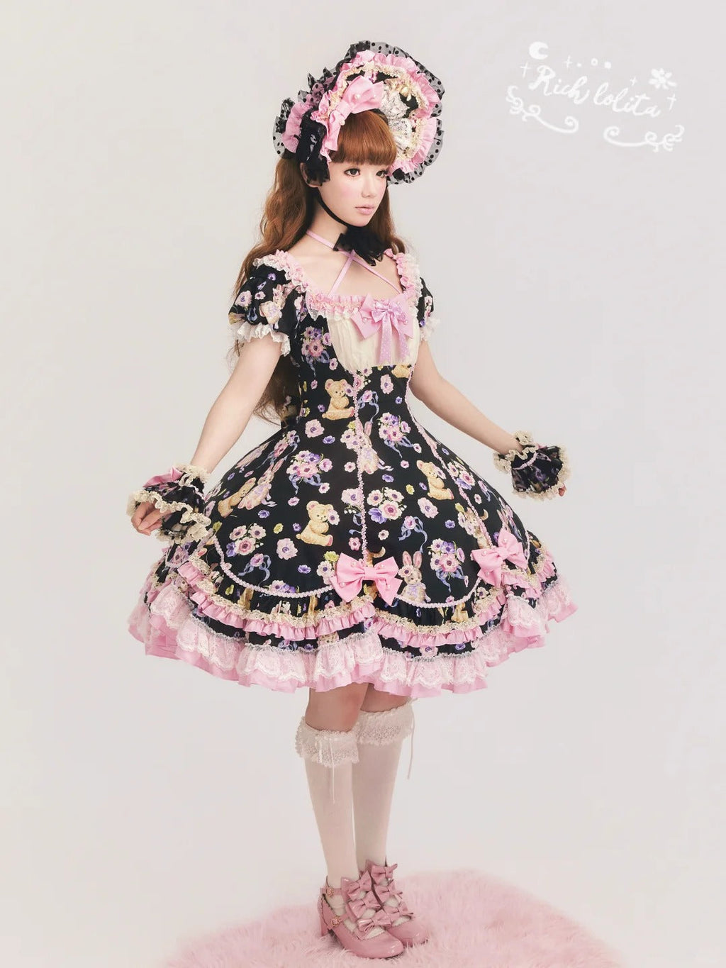 Be My Sweetheart Bear Bunny Floral Print Fitted Sweet Lolita OP Dress - image 4