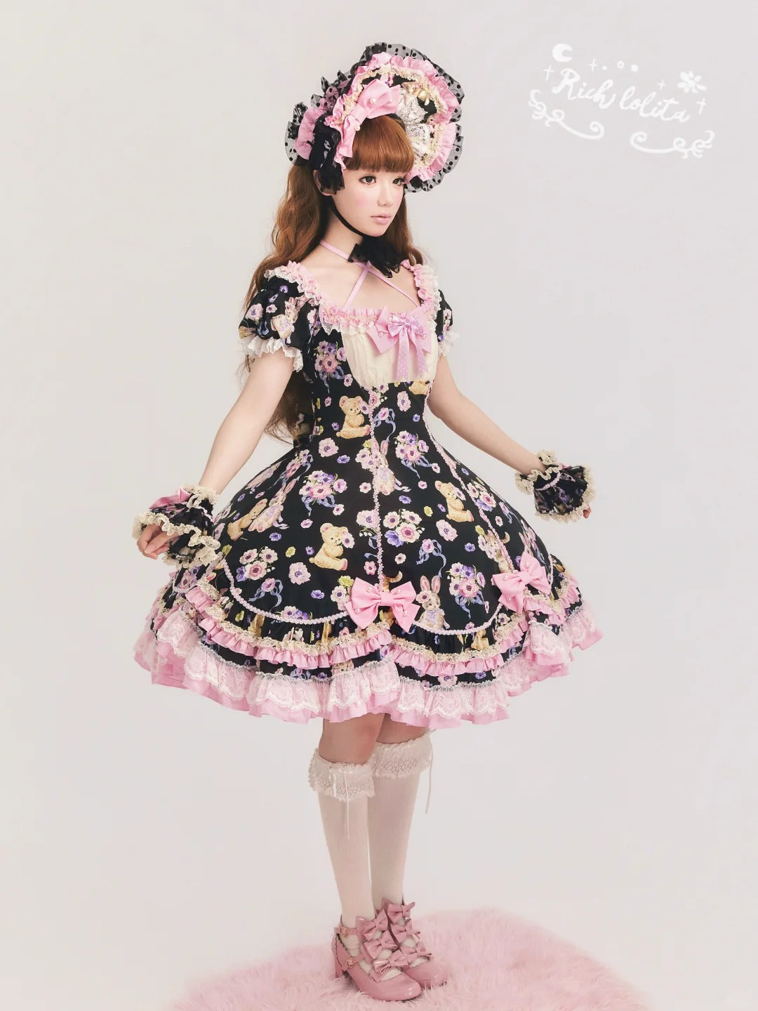 Be My Sweetheart Bear Bunny Floral Print Fitted Sweet Lolita OP Dress - image 4