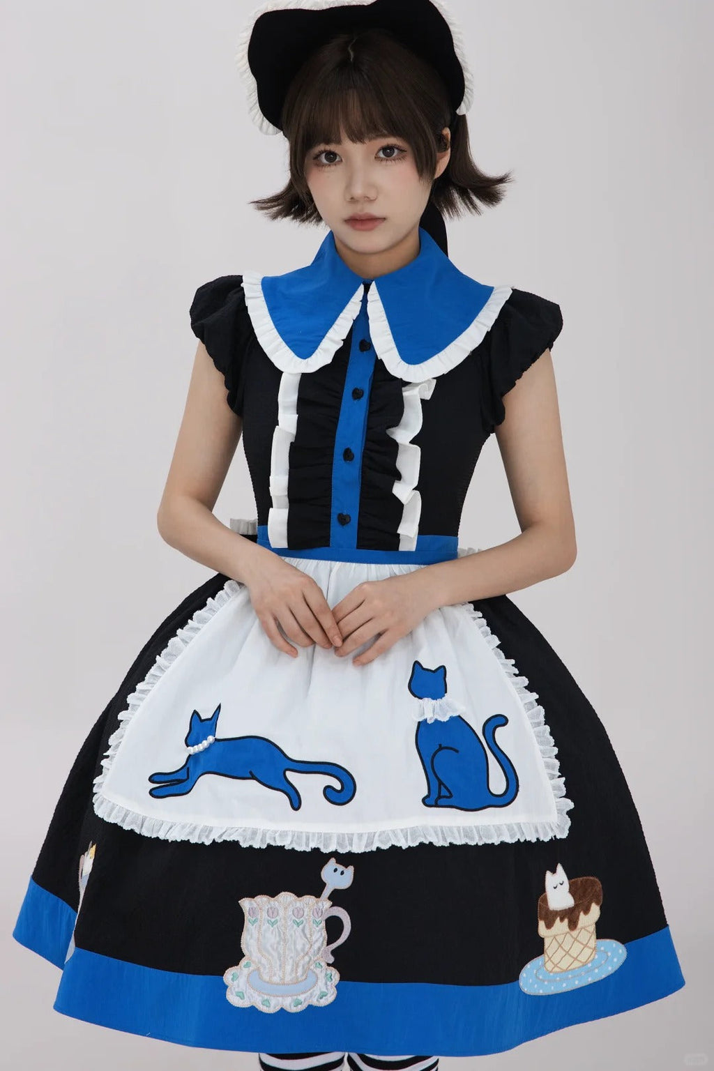 Tea Cup Meow Blue Black Cat Ear Alice Apron Sweet Lolita OP Dress - image 14