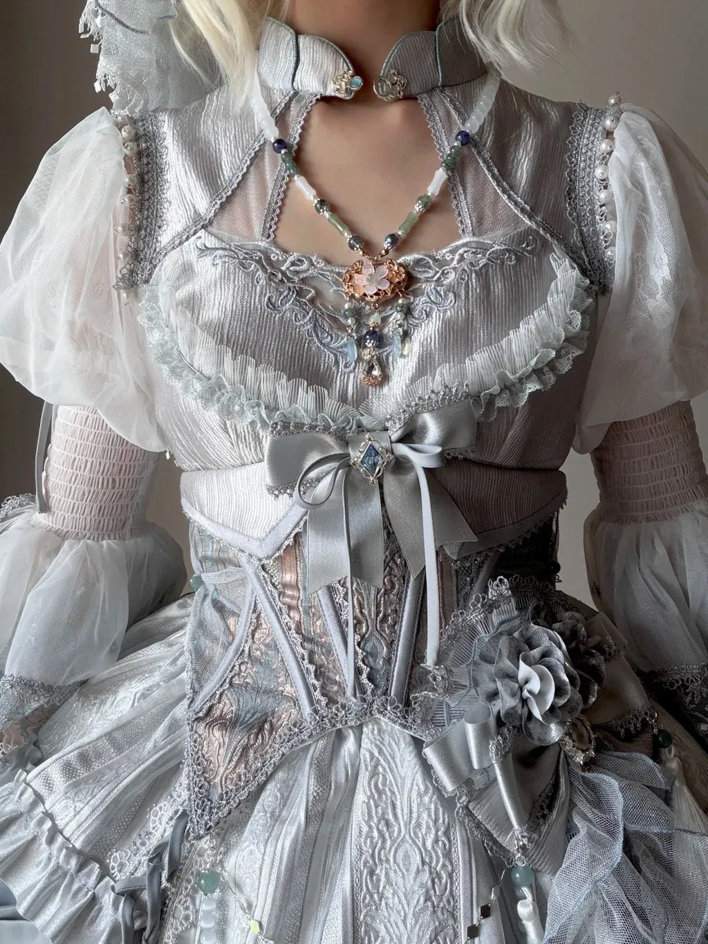 Candle Dragon Spirit - Fantasy White-Silver Lolita JSK Set - image 4