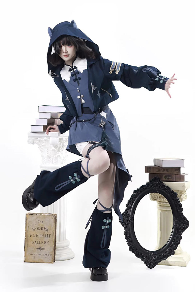 Indigo Shadow Journey - Stand Collar Long Sleeves Embroidered Hooded Asymmetric Punk Ouji Lolita Dress Four-Piece Set - image 8
