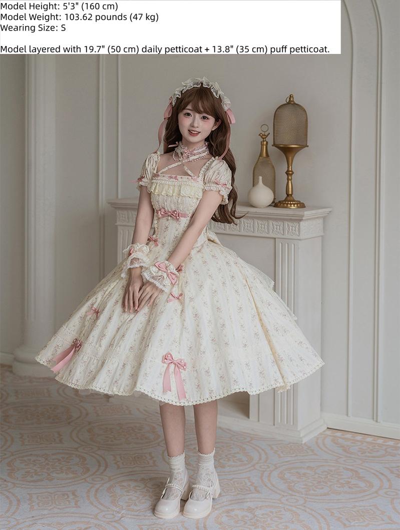 Garden Encounter of Three Springs - Cotton Old School Lolita Floral Print OP, Lace Back Opening and Accessories - image 10