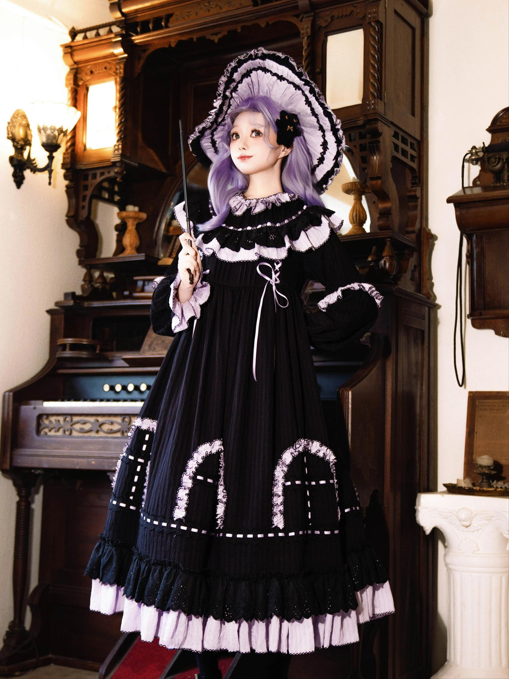 Witch Lilith - Ruffled Collar Gothic Lolita OP, Witch Hat - image 5