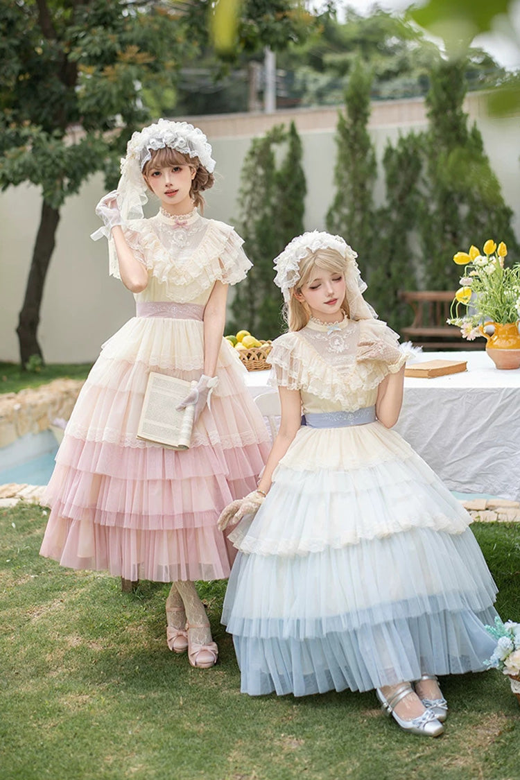 Sincere Vow - Edwardian Collar Short Sleeves Ombre Multi-Layered Ruffled Embroidered Sweet Lolita Dress - image 6