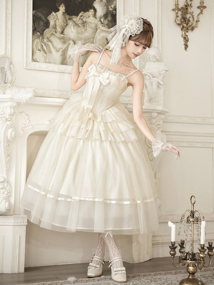 Creamy Boned Waist Elegant Long JSK Dress and Accessory Set - image 3