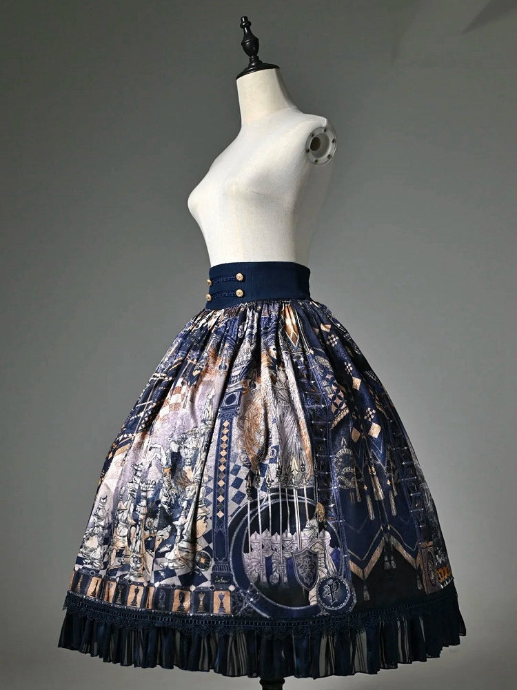 Dark Blue Chess-Print Corset-Waist Lolita Skirt - image 9