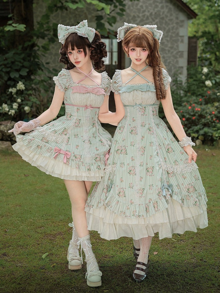 Green Floral Striped Lolita OP Set with Hair Clip and Choker - image 8
