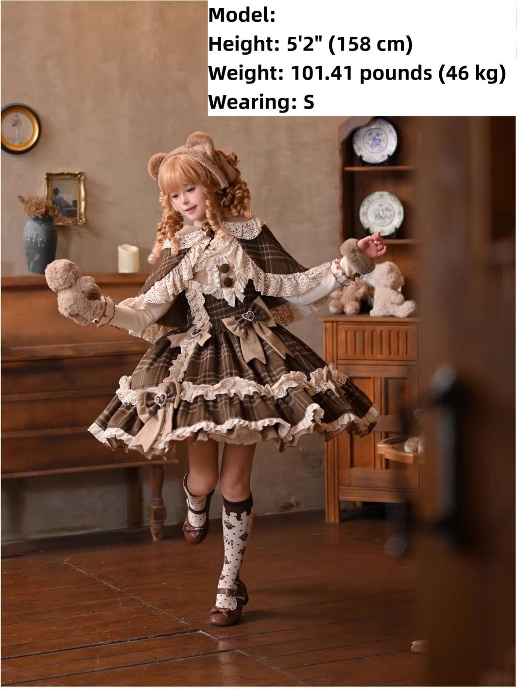 Choco Chestnut - Plaid Kawaii Lolita JSK Dress, Peter Pan Collar Cape - image 3