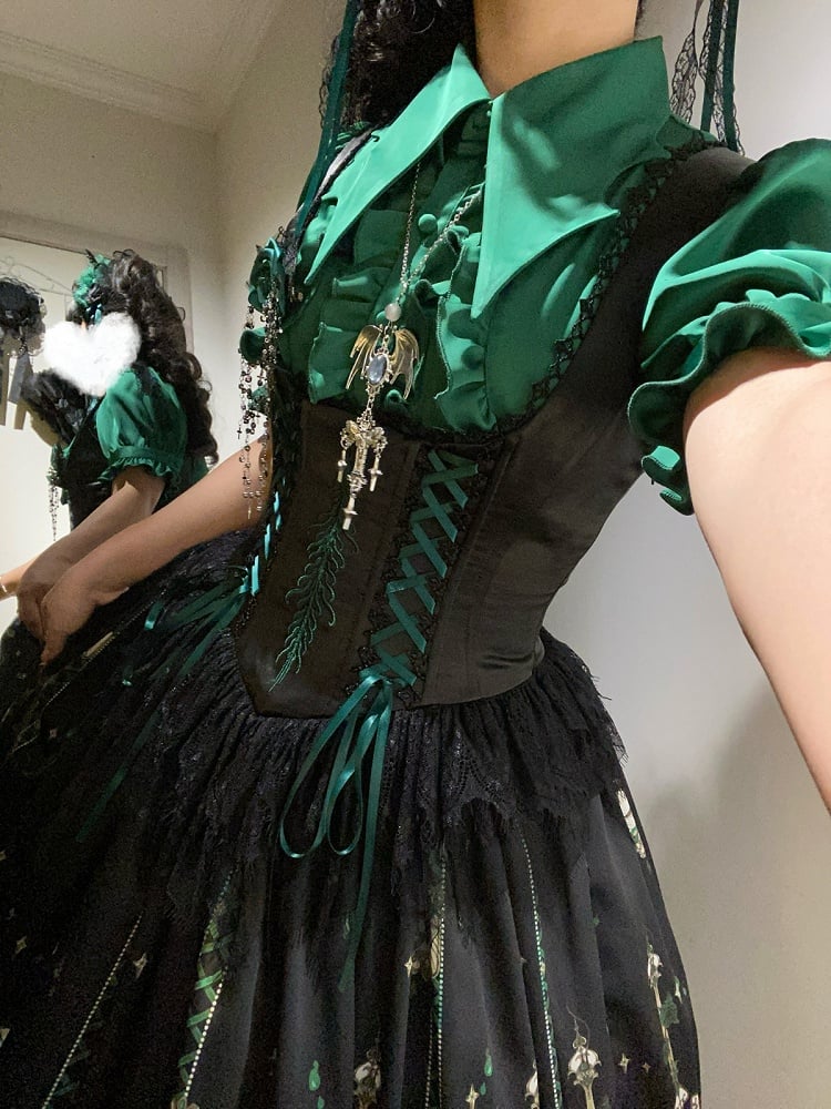 Green Rosette and Skull Print Gothic Corset JSK - image 10
