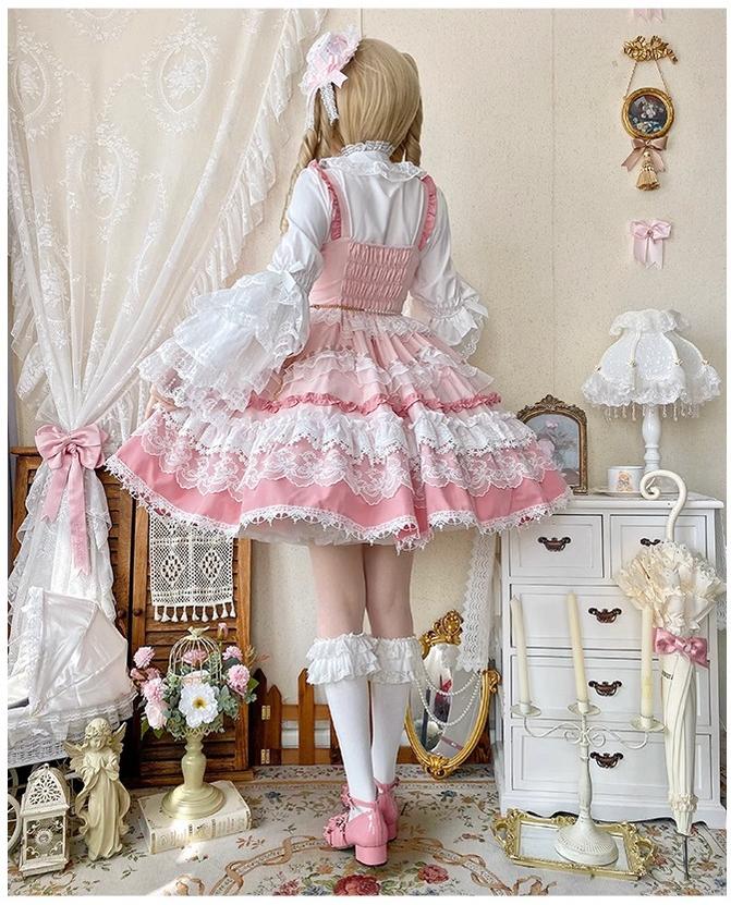 Girl's Secret - Pink Sweet Lolita JSK Dress with Lace and Bow Trailing - image 3