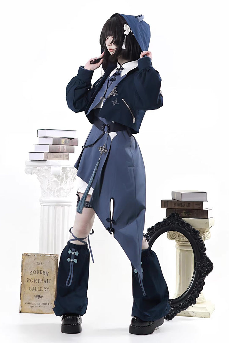 Indigo Shadow Journey - Stand Collar Long Sleeves Embroidered Hooded Asymmetric Punk Ouji Lolita Dress Four-Piece Set - image 5