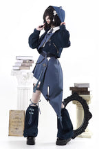 Indigo Shadow Journey - Stand Collar Long Sleeves Embroidered Hooded Asymmetric Punk Ouji Lolita Dress Four-Piece Set - image 5