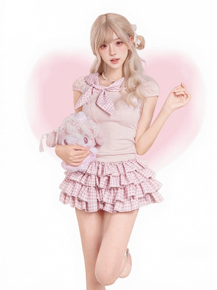 Pink Gingham Tiered Skirt with Shorts - serendipity - image 4