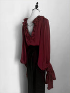 Crimson Poet Shirt with Floral Pins and Chain Accents - Shi Zhi Mao - image 5