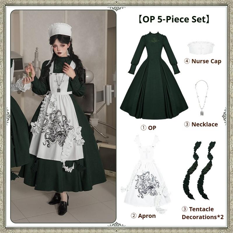 Abyss Clinic - Gothic Lolita Green Dress Set, Embroidery Accent - image 5