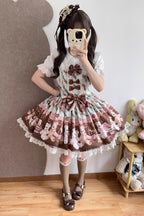 Chocolate Brownie - Sleeveless Printed Ruffled Bow Lace Sweet Lolita Strap Dress 2 Colors - image 4