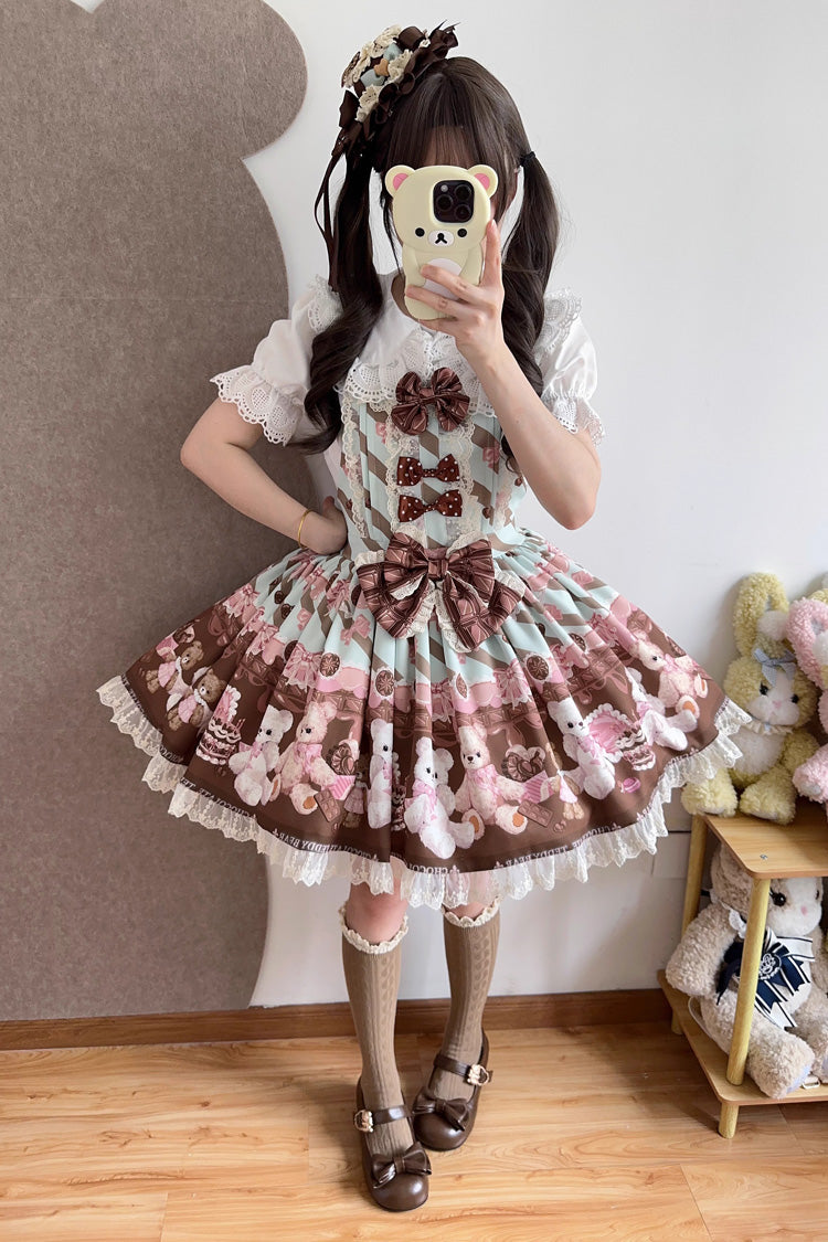 Chocolate Brownie - Sleeveless Printed Ruffled Bow Lace Sweet Lolita Strap Dress 2 Colors - image 4