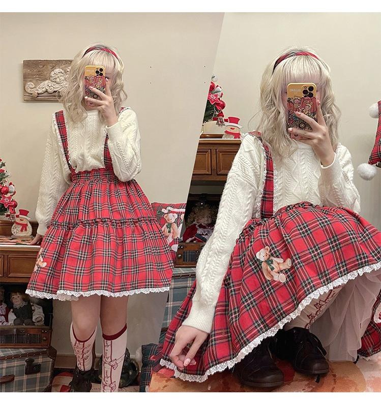 Christmas Vintage Lolita Skirts Doll Collar Blouse Plaid Skirt Set - image 15