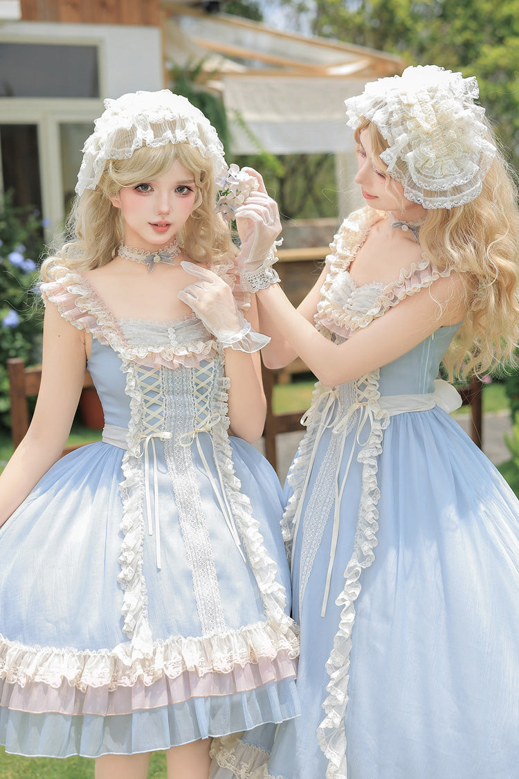 Island Diary - Square Collar Flutter Sleeves Triple-Layered Ruffled Lace-Up Sweet Lolita JSK Dress 2 Versions - image 6