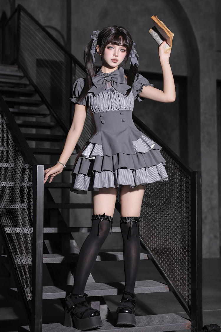 Square Collar Off Shoulder Short Sleeves Triple-Layered Bow Vintage Cool Lolita Dress - image 15