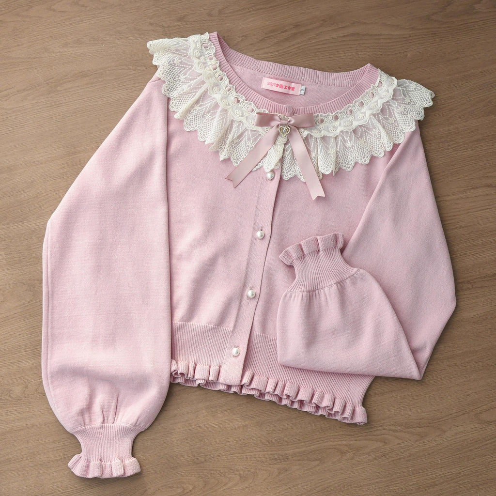 Graceful Dream - Retro Kawaii Lolita Sweater Cardigan, Ruffled Lace Neckline - image 3