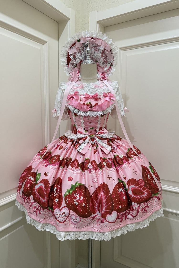Sweet Berry Tale Strawberry Print Ruffle Bowknot Lace Sweet Lolita JSK Dress - image 1