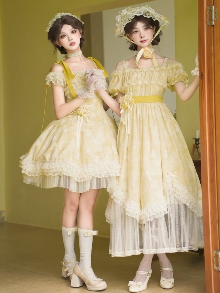 Light Yellow High-Waist Scalloped Lolita OP Full Set - image 8