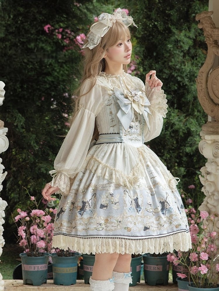 Azure Rabbit-Print Bow JSK with Lace Blouse - image 8
