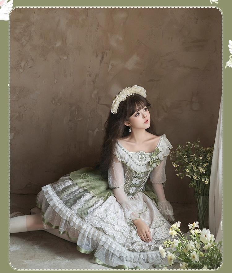 Teacup Bunny - Classic Lolita OP Dress, Fresh Green Floral Print and Accessories - image 13