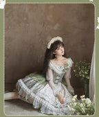 Teacup Bunny - Classic Lolita OP Dress, Fresh Green Floral Print and Accessories - image 13