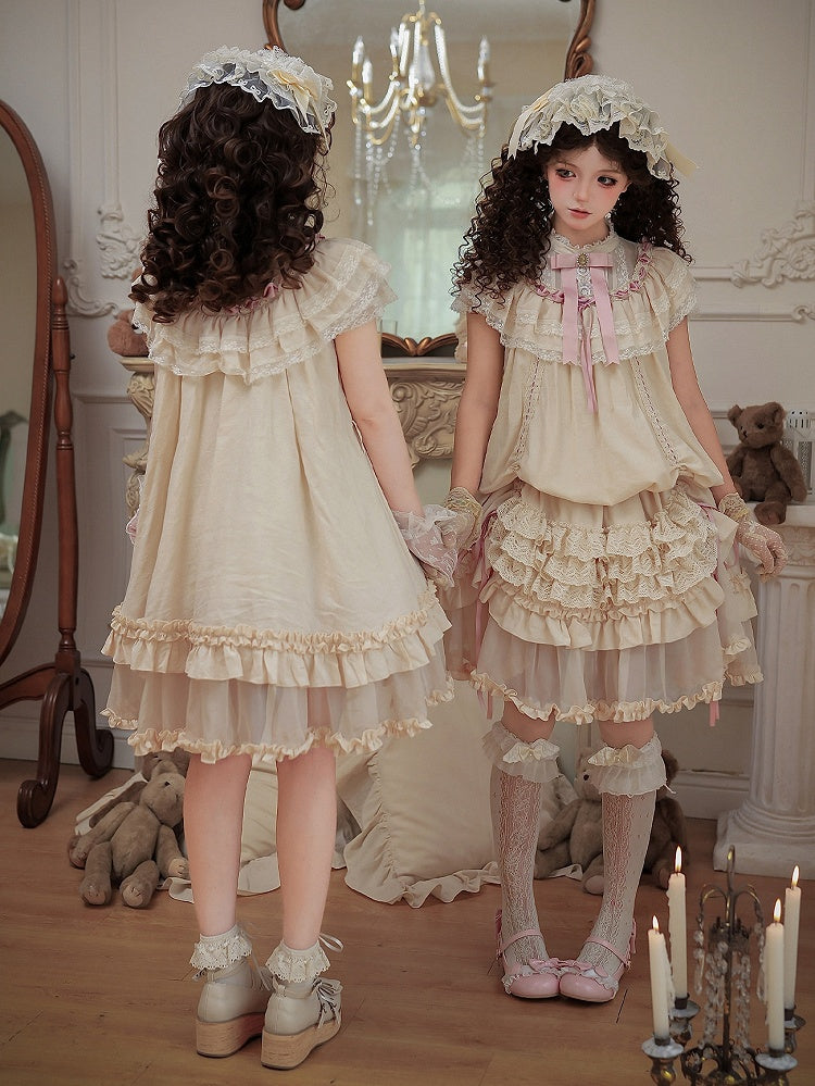 Beige Rosette Jacquard Lolita OP Dress with Layered Ruffles - image 6