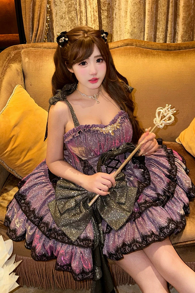 Galaxy of Fallen Tears - Sleeveless Glitter Series Triple-Layered Ruffled Bow Asymmetric Sweet Lolita JSK Dress - image 4