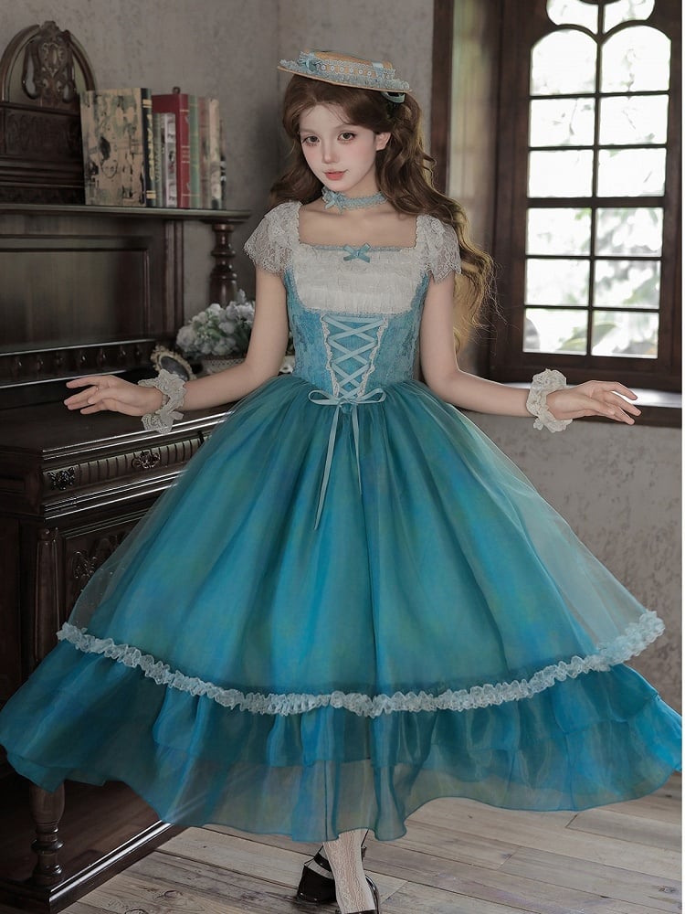 Teal Flutter-Sleeve Lolita JSK with Lace-Up Back and Tiered Skirt - image 7