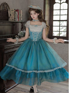 Teal Flutter-Sleeve Lolita JSK with Lace-Up Back and Tiered Skirt - image 7
