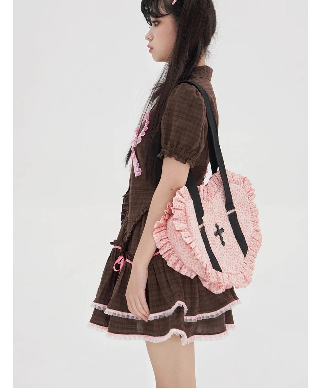 Vintage Lolita Heart Shaped Plaid Dot Print JK Uniform Bag - image 4
