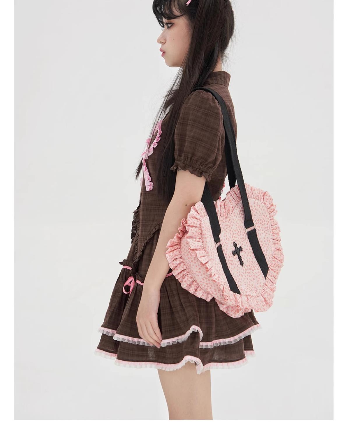 Vintage Lolita Heart Shaped Plaid Dot Print JK Uniform Bag - image 4