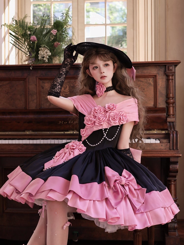 Pink and Black Roses Off-Shoulder Lolita Boned Dress, Choker and Hat Set - image 8