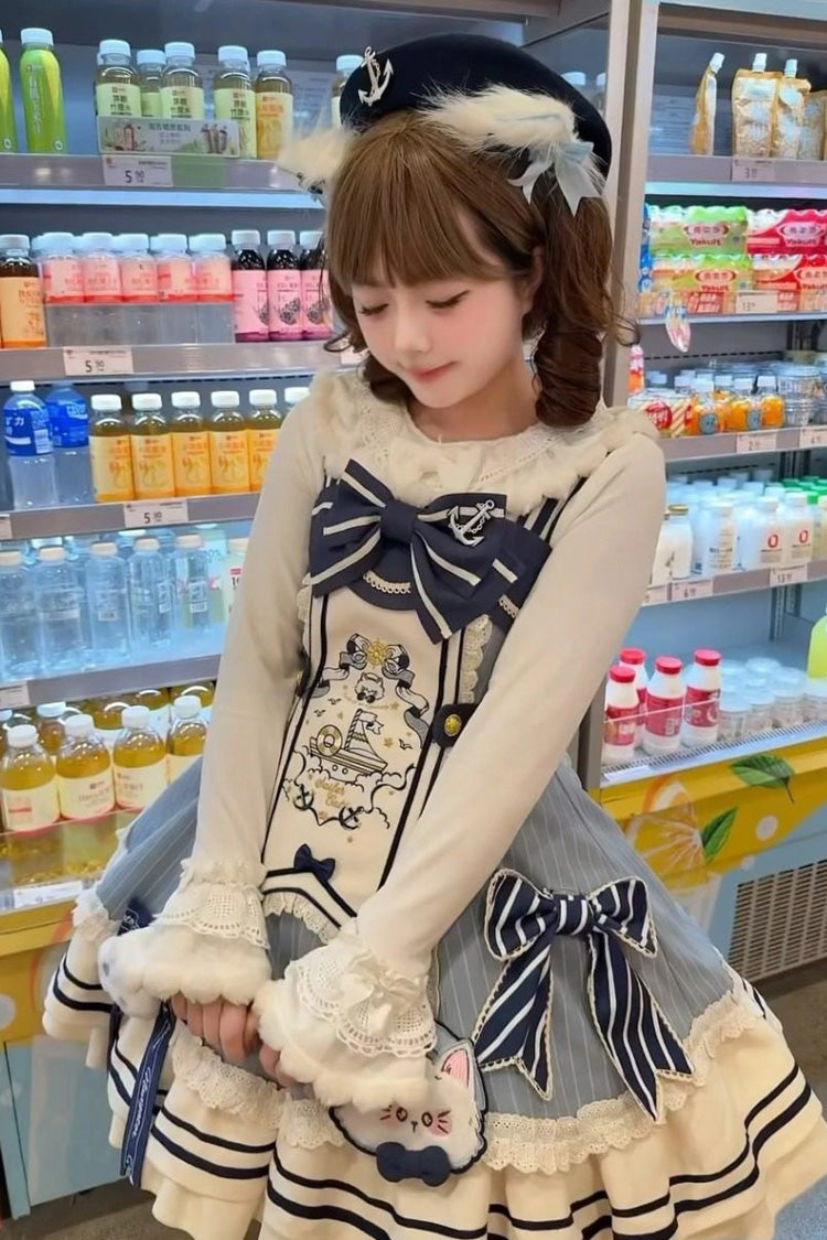 Ride the Wind and Waves - Double-Layered Printed Ruffled Bow Lace Sweet Lolita JSK Dress Set (Coat Included) - image 9