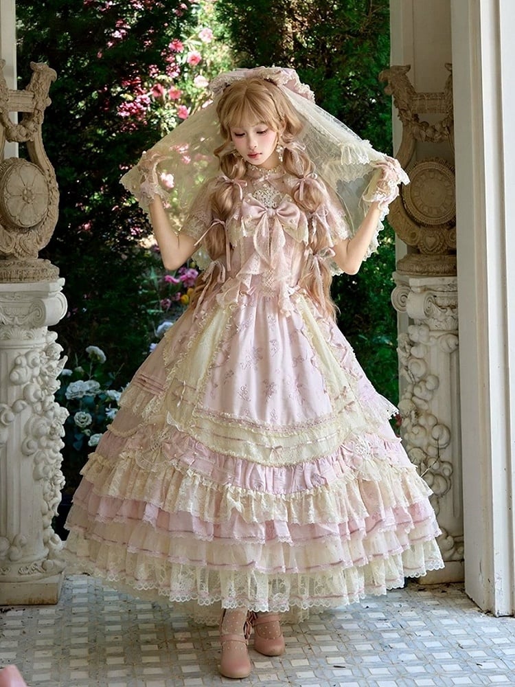 Refined Pink Lace-Trim Floral Embroidered Lolita Dress with Bow Train - Mademoiselle Pearl - image 1