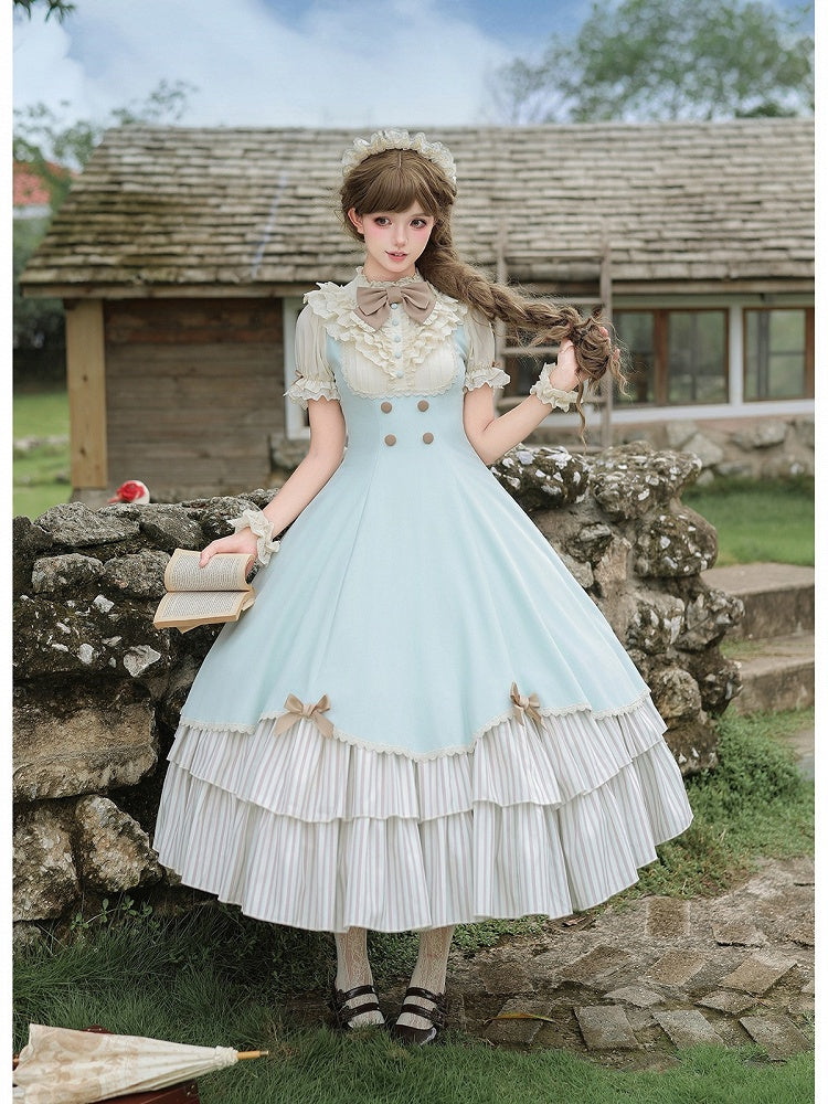 Beige and Blue Puff-Sleeve Lolita OP with Scalloped Hem and Butterfly Bows - image 11